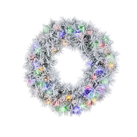 Glitzhome® 24"D Pre-Lit Snow Flocked Greenery Pine Christmas Wreath, Multicolor LED Lights and Timer | 24" x 24" x 7" | Michaels®